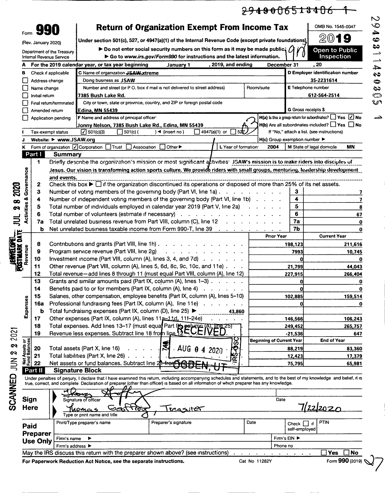 Image of first page of 2019 Form 990 for Jsaw