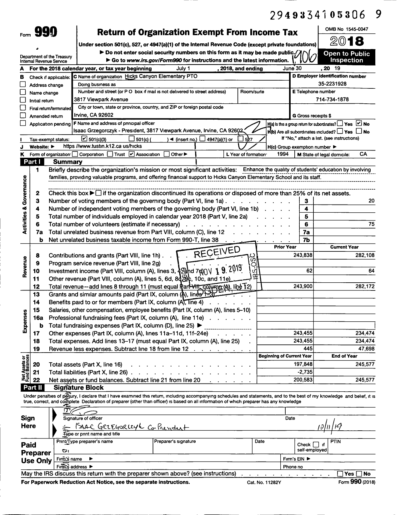 Image of first page of 2018 Form 990 for Hicks Canyon Elementary School Parent Teacher Organization