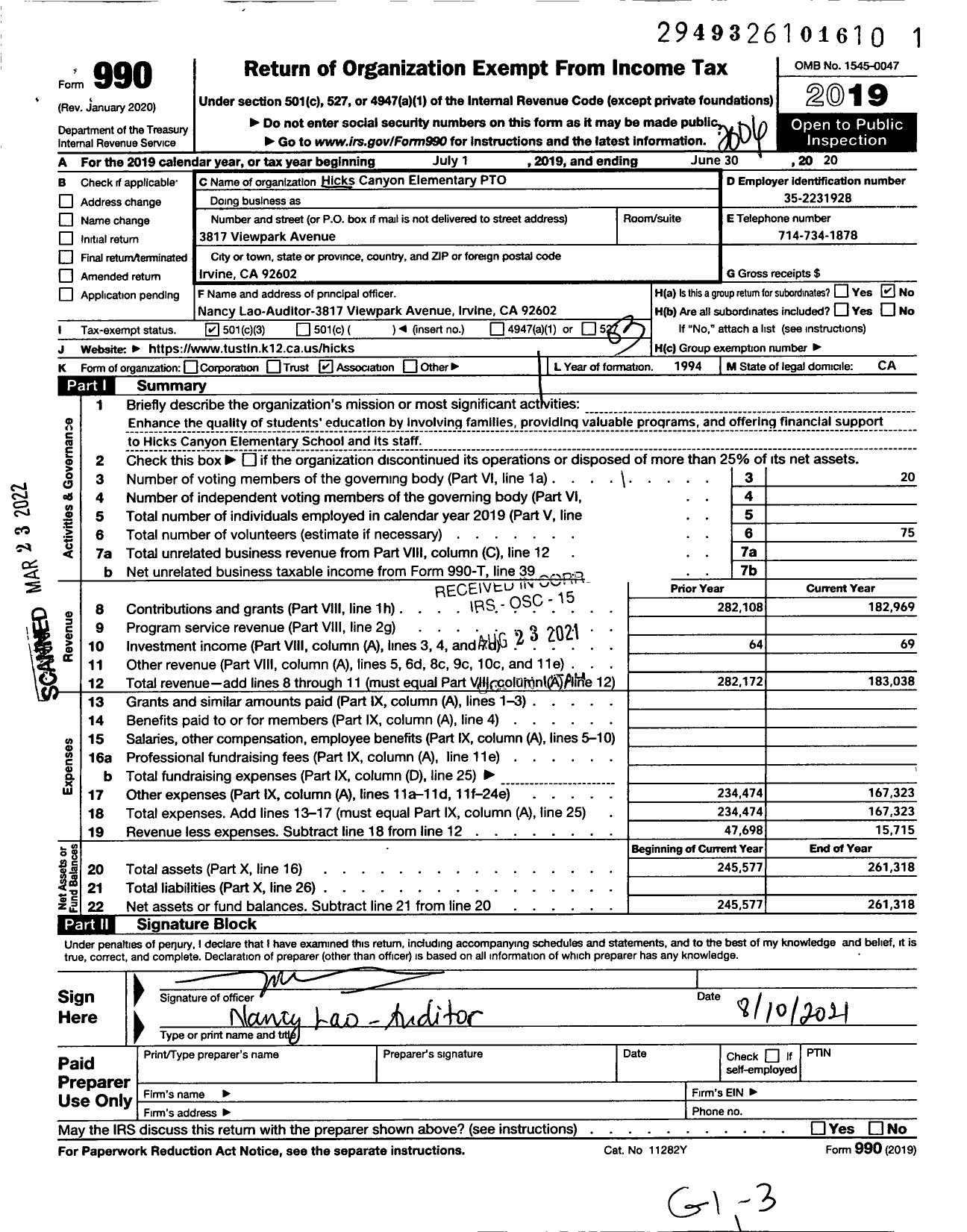 Image of first page of 2019 Form 990 for Hicks Canyon Elementary School Parent Teacher Organization