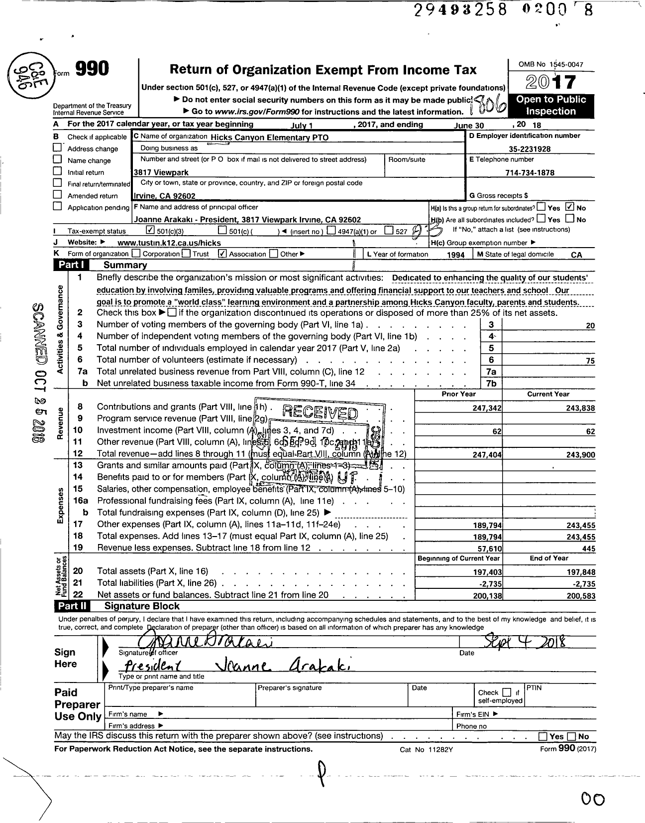 Image of first page of 2017 Form 990 for Hicks Canyon Elementary School Parent Teacher Organization