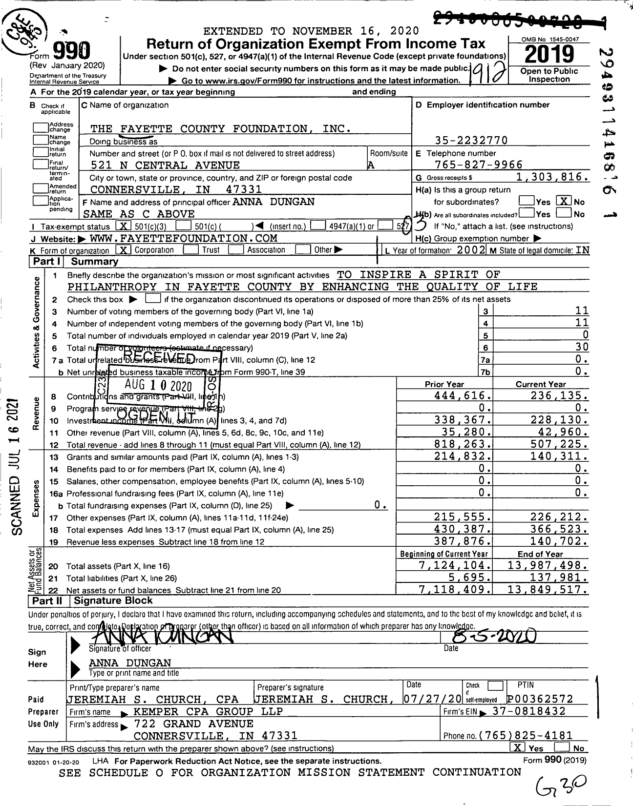 Image of first page of 2019 Form 990 for Fayette County Foundation