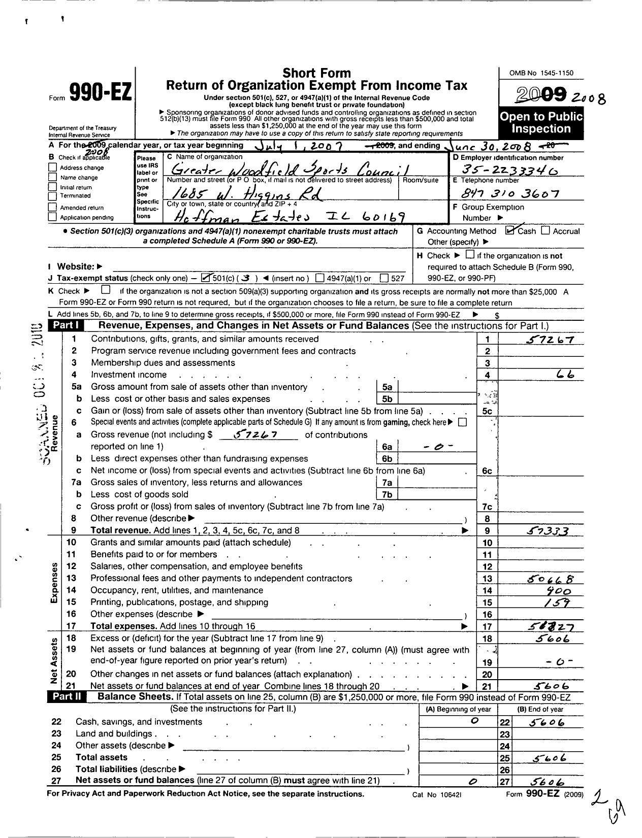 Image of first page of 2007 Form 990EZ for Greater Woodfield Sports Council