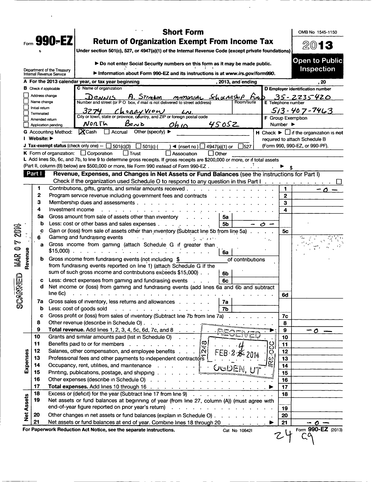 Image of first page of 2013 Form 990EO for Dennis A Stemler Memorial Scholarship Fund