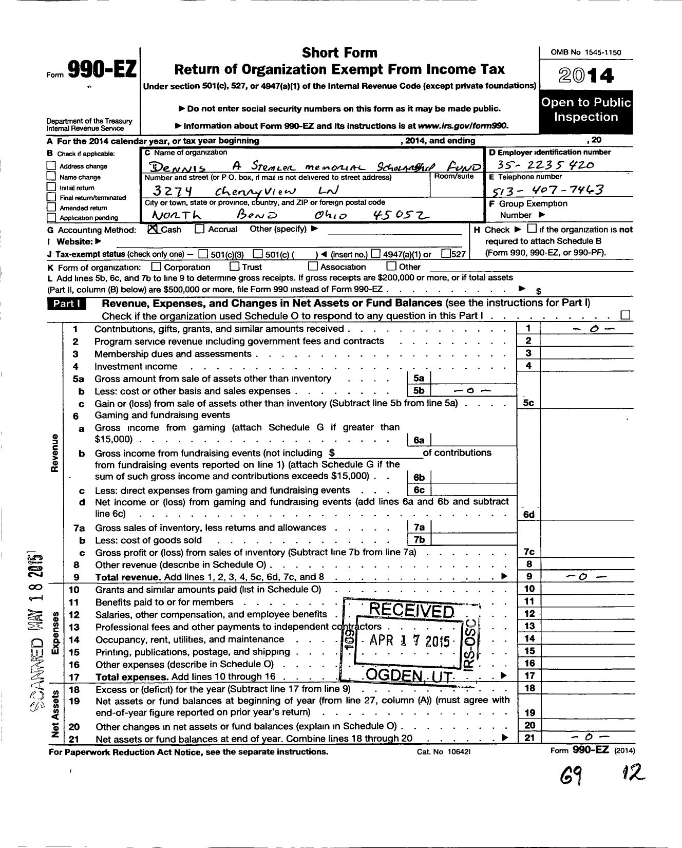 Image of first page of 2014 Form 990EO for Dennis A Stemler Memorial Scholarship Fund