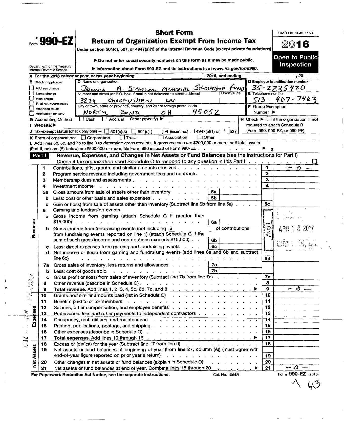 Image of first page of 2016 Form 990EO for Dennis A Stemler Memorial Scholarship Fund