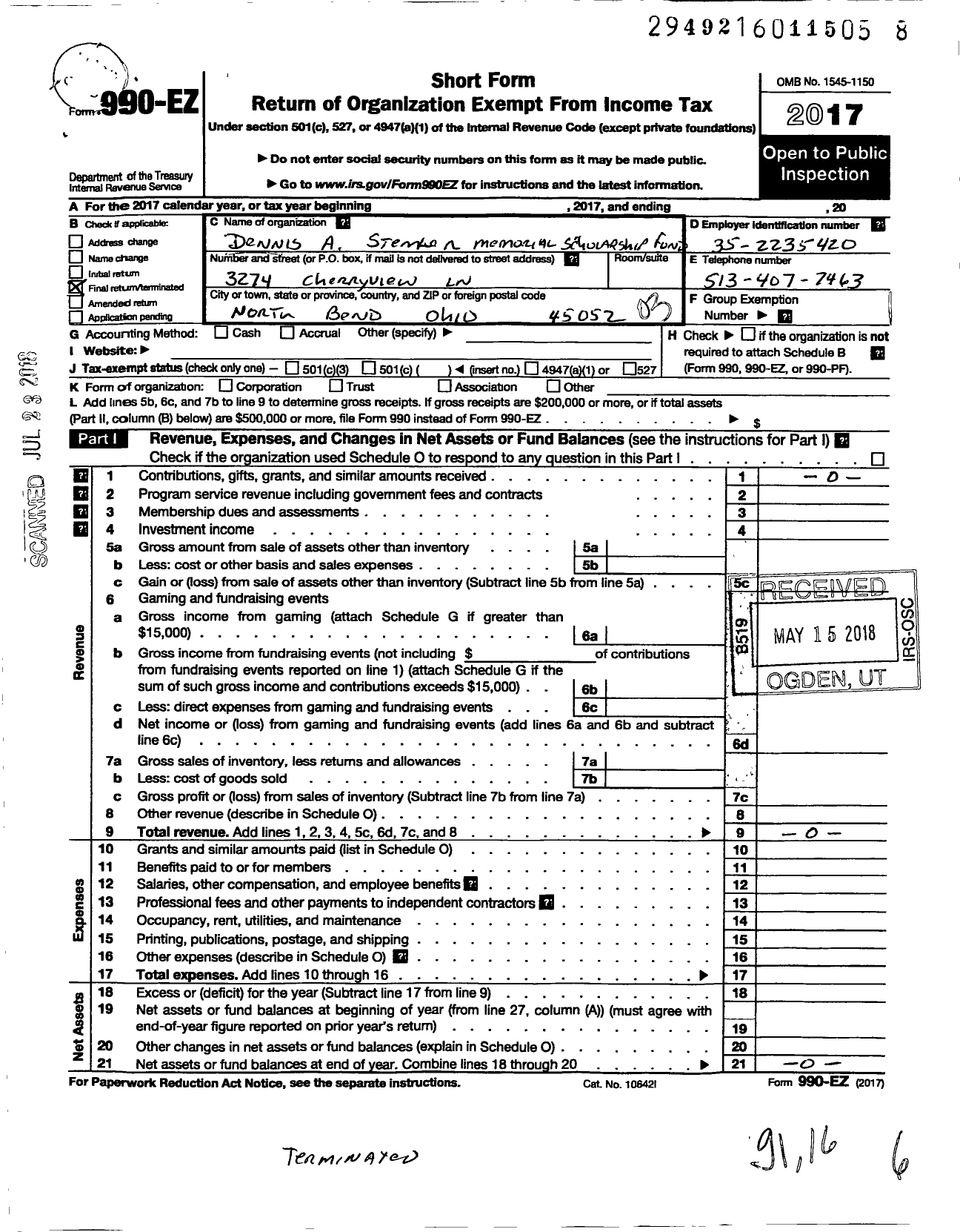 Image of first page of 2017 Form 990EZ for Dennis A Stemler Memorial Scholarship Fund