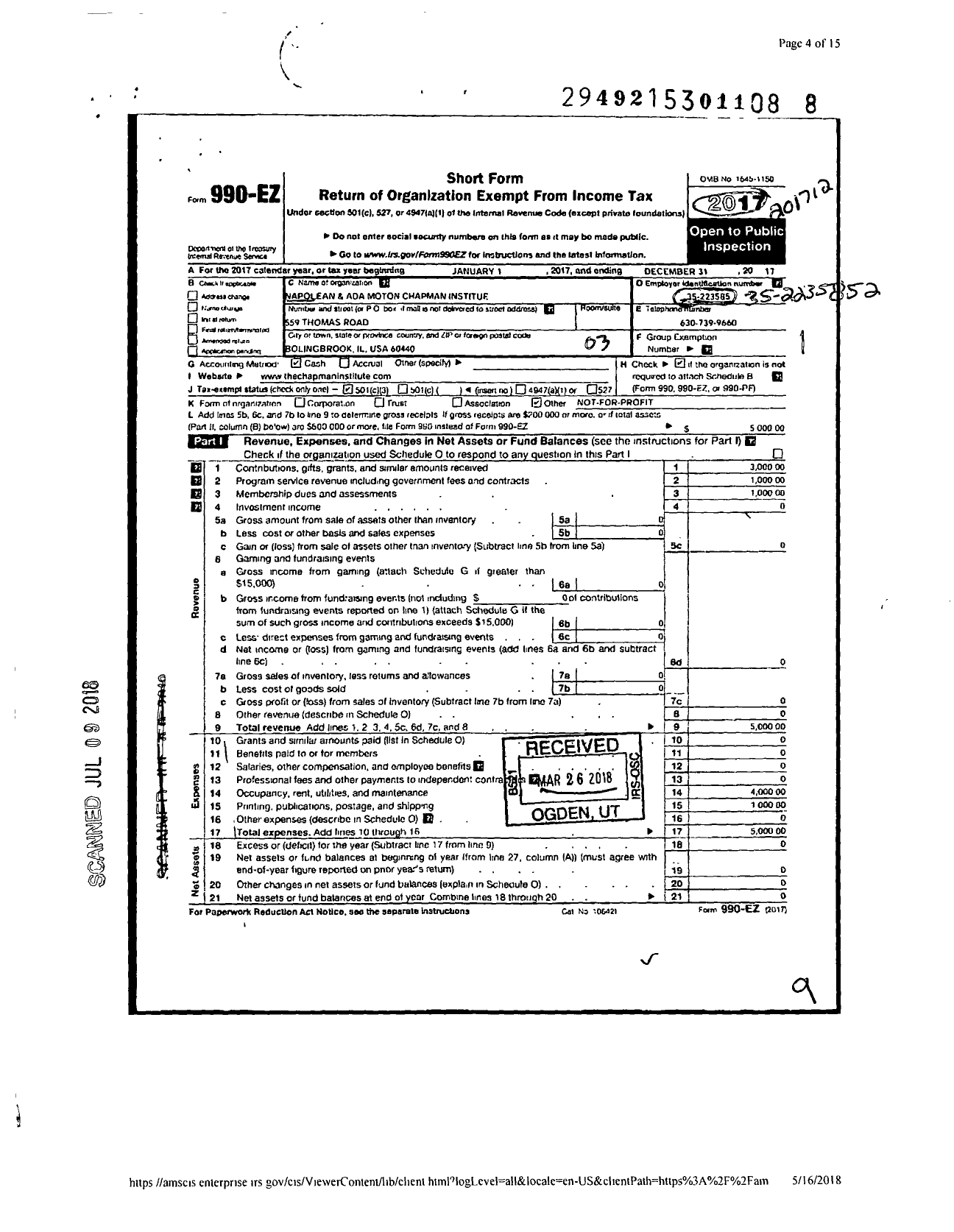 Image of first page of 2017 Form 990EZ for Napolean and Ada Moton Chapman Institute