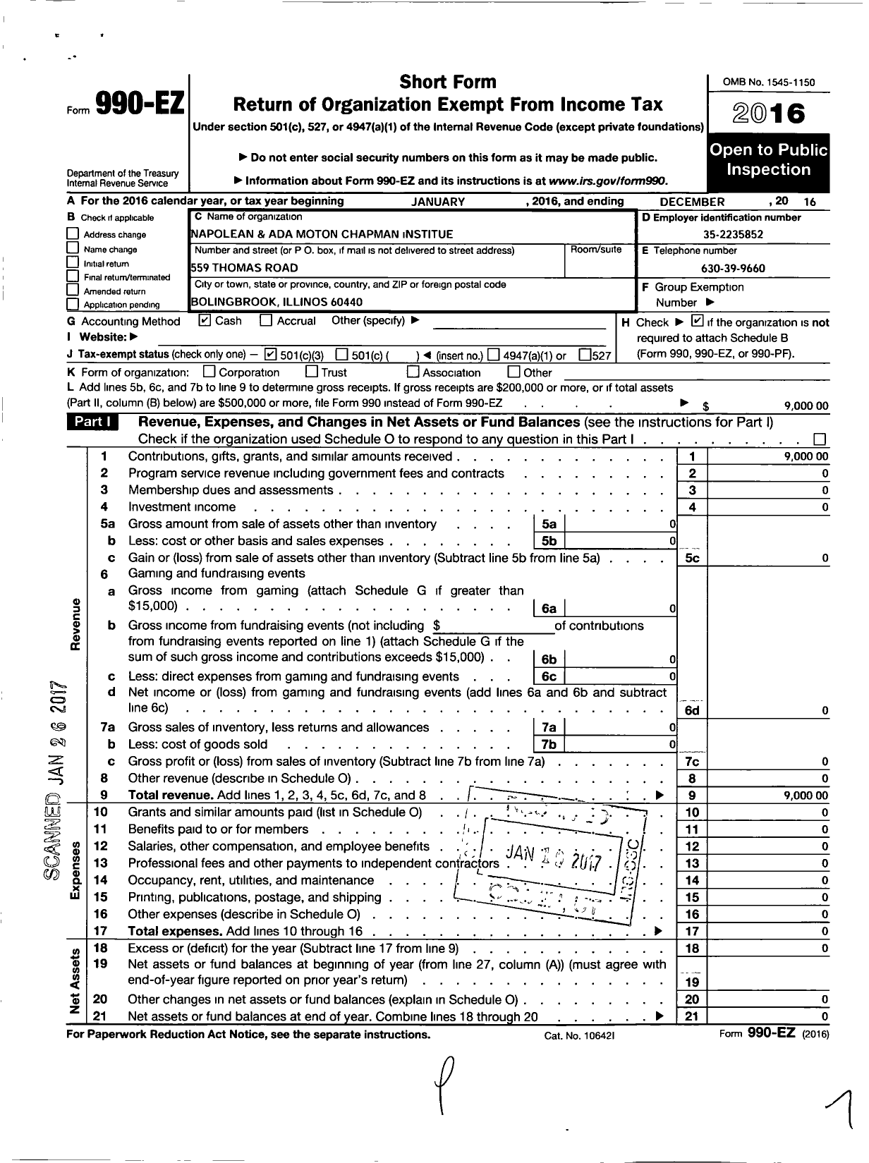 Image of first page of 2016 Form 990EZ for Napolean and Ada Moton Chapman Institute