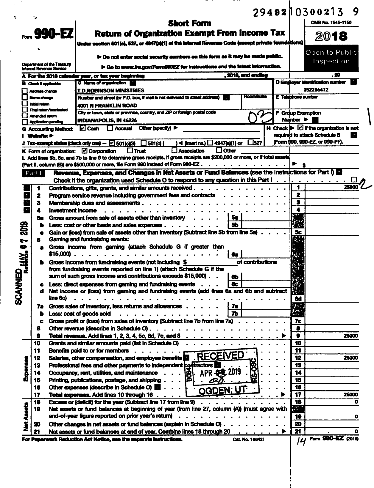 Image of first page of 2018 Form 990EZ for TD Robinson Ministries