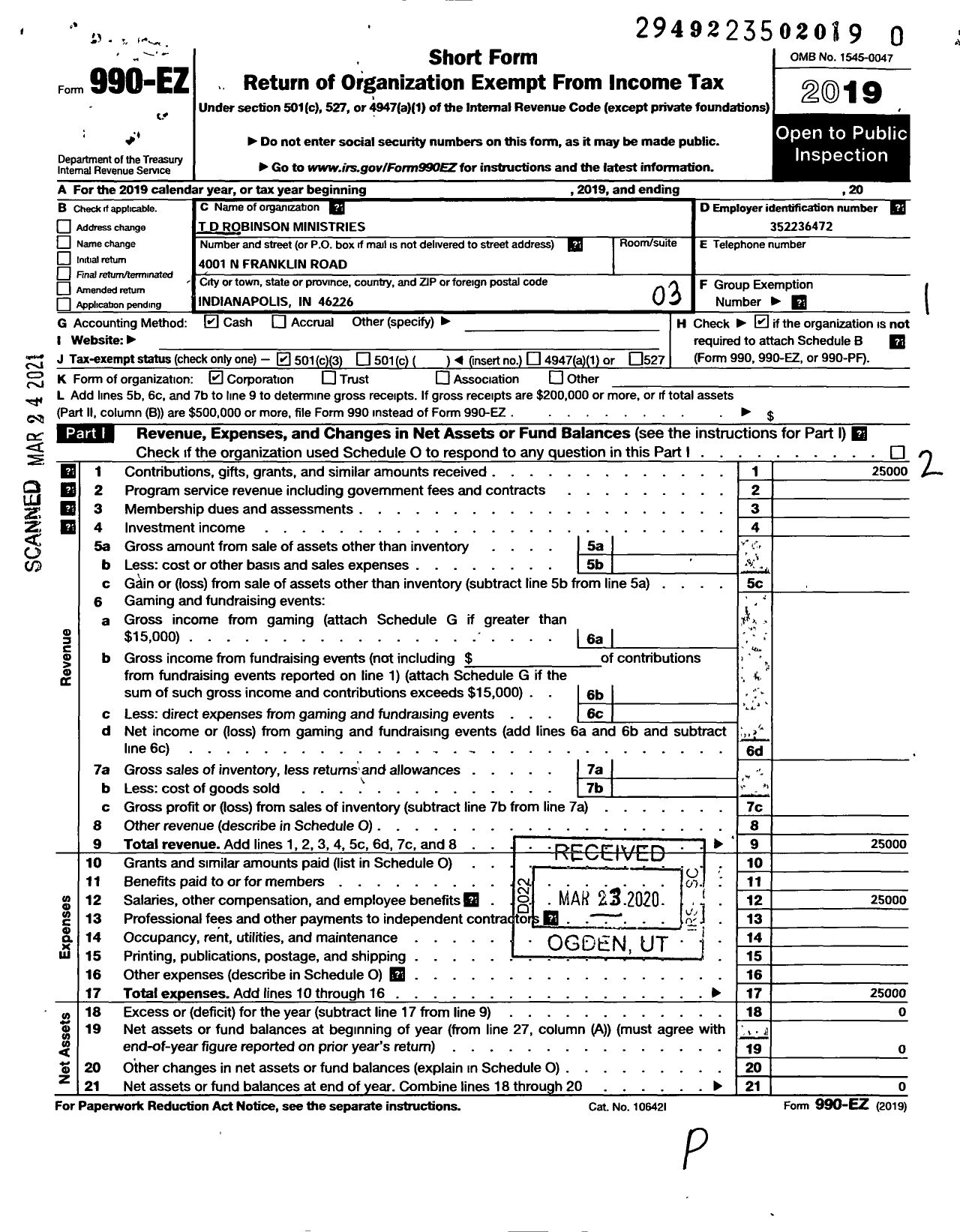 Image of first page of 2020 Form 990EZ for TD Robinson Ministries