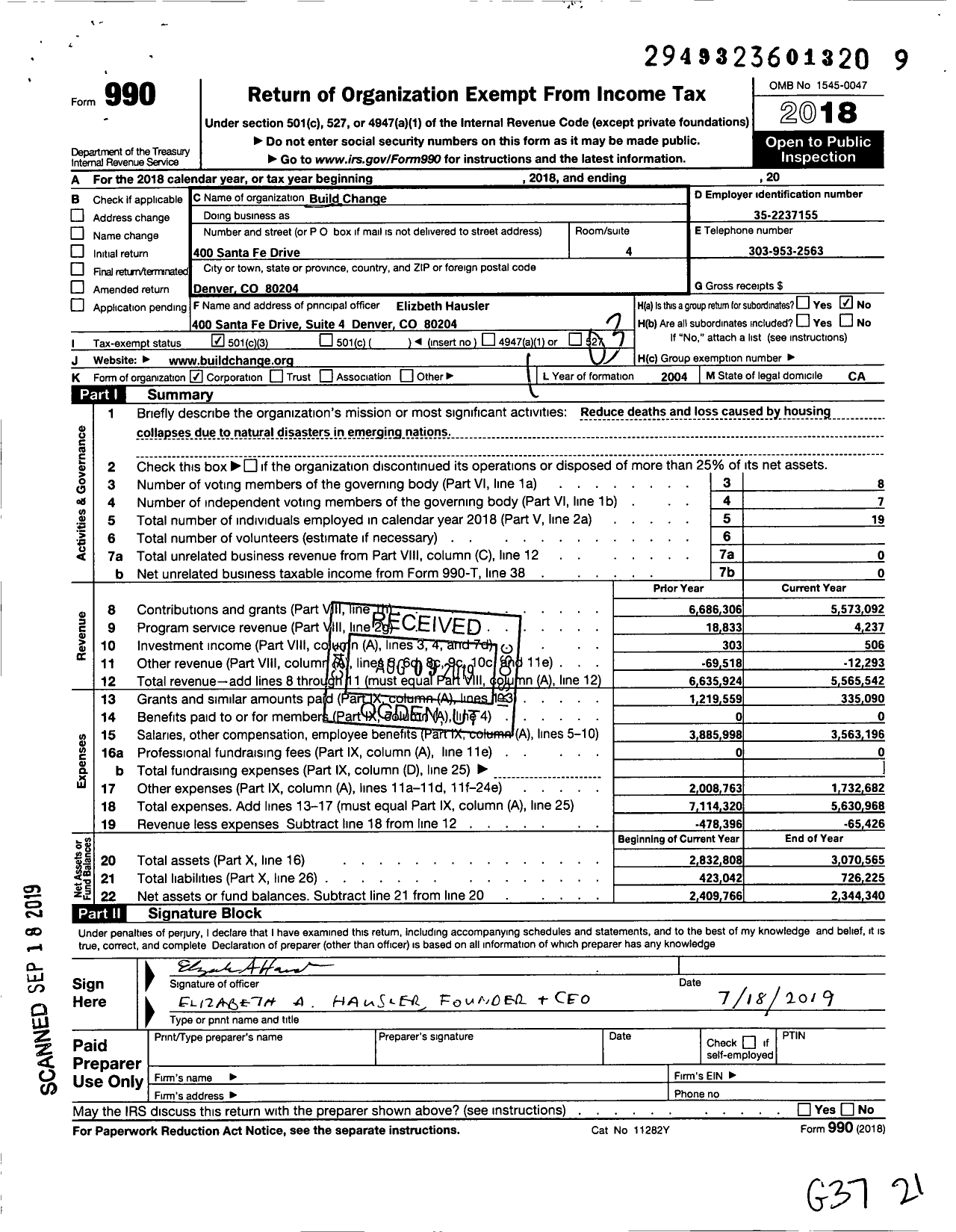 Image of first page of 2018 Form 990 for Build Change