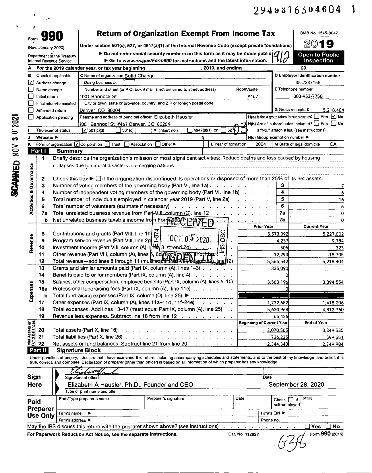 Image of first page of 2019 Form 990 for Build Change