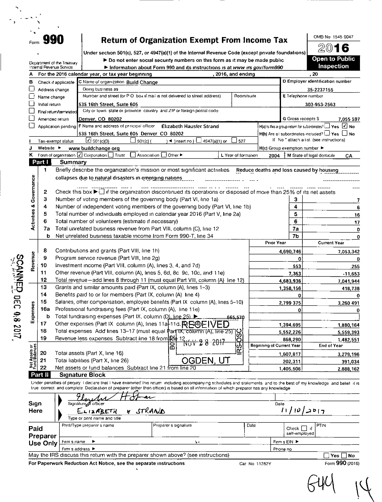 Image of first page of 2016 Form 990 for Build Change