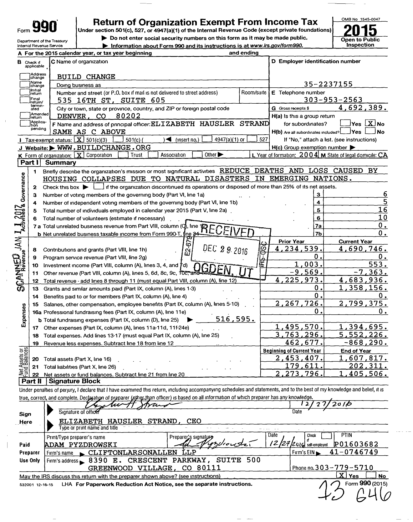 Image of first page of 2015 Form 990 for Build Change