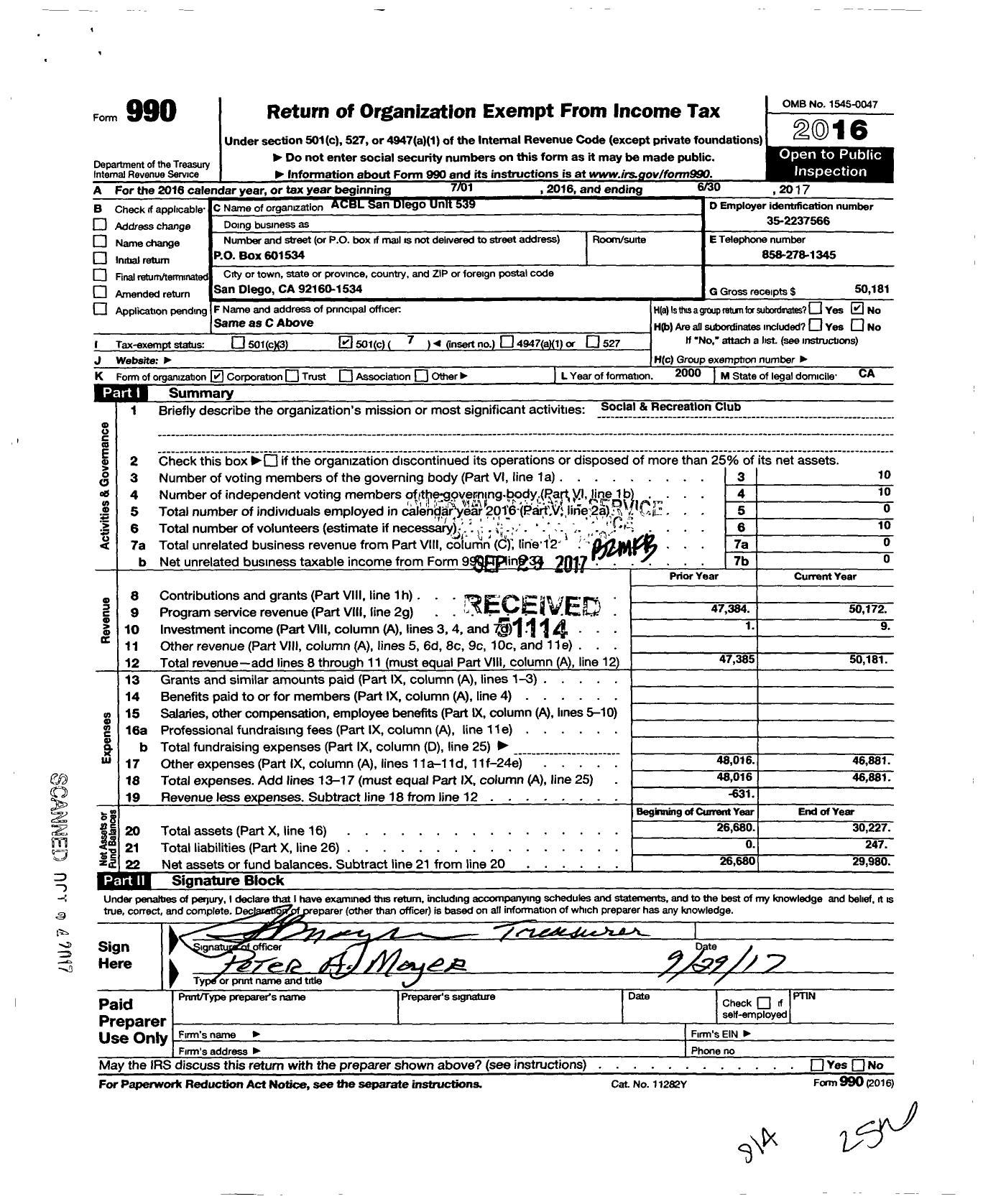 Image of first page of 2016 Form 990O for San Diego Unit 539 Acbl