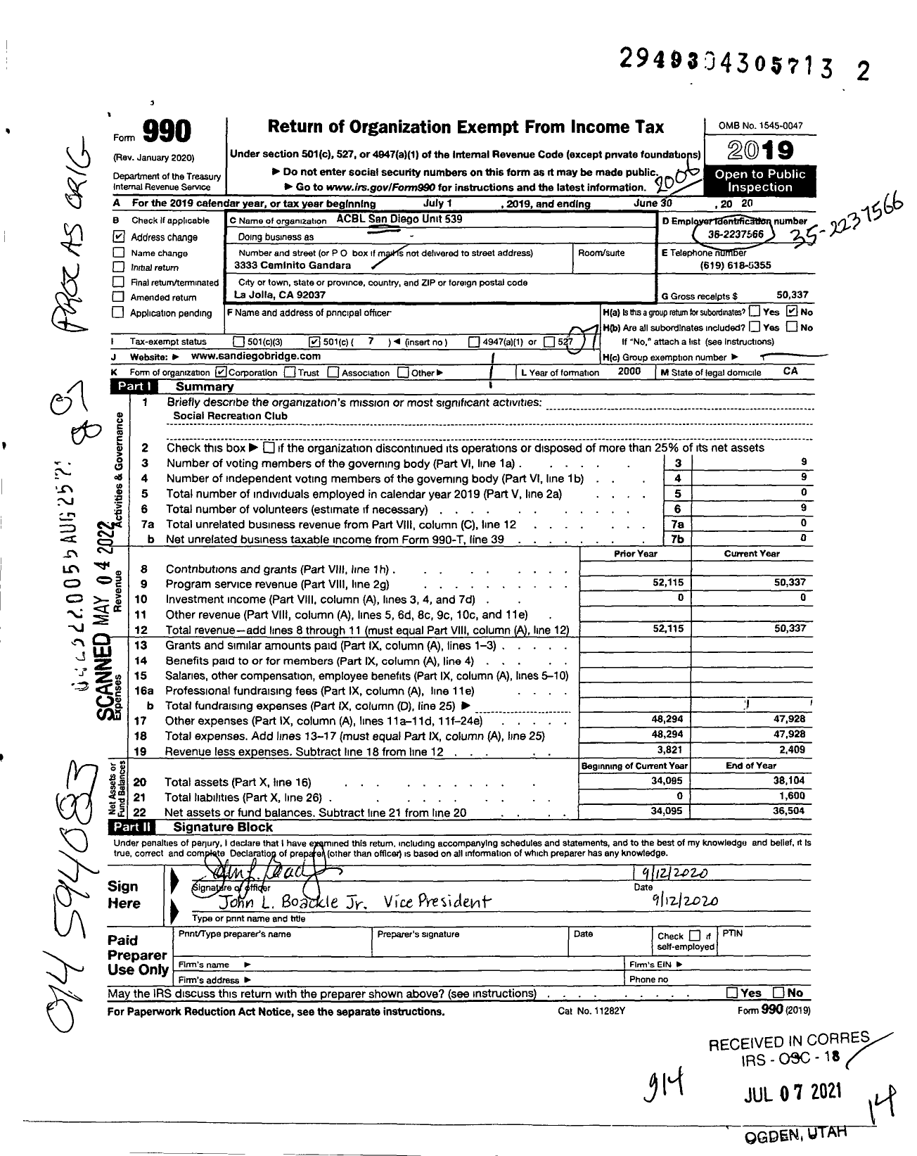 Image of first page of 2019 Form 990O for San Diego Unit 539 Acbl