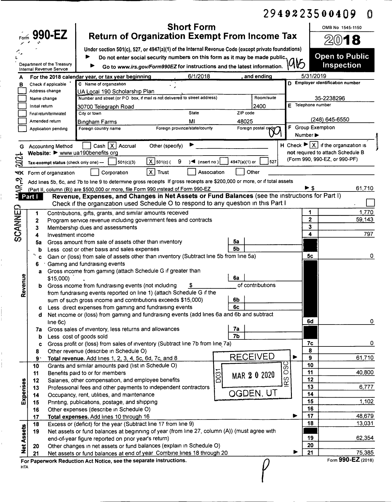 Image of first page of 2018 Form 990EO for UA Local 190 Scholarship Plan