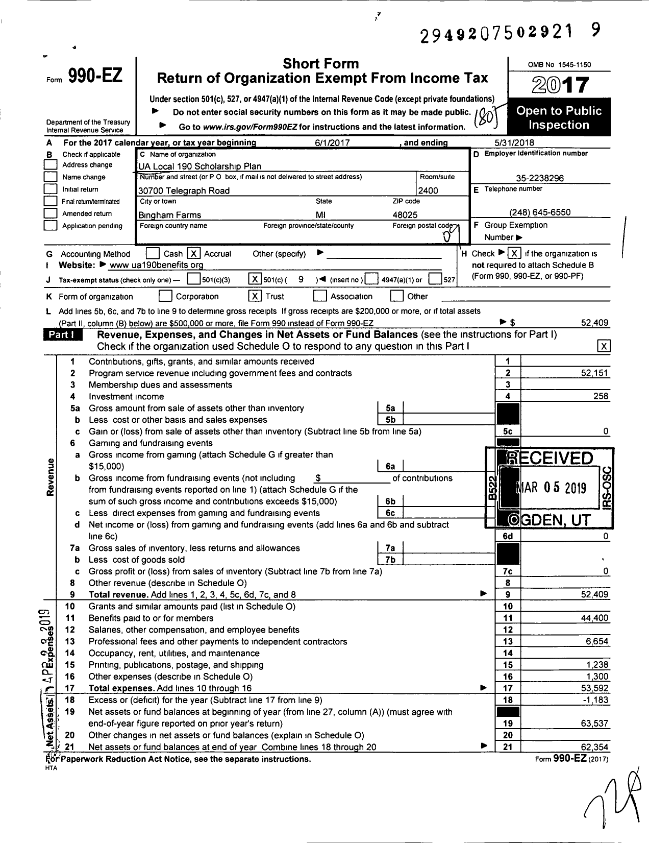 Image of first page of 2017 Form 990EO for UA Local 190 Scholarship Plan