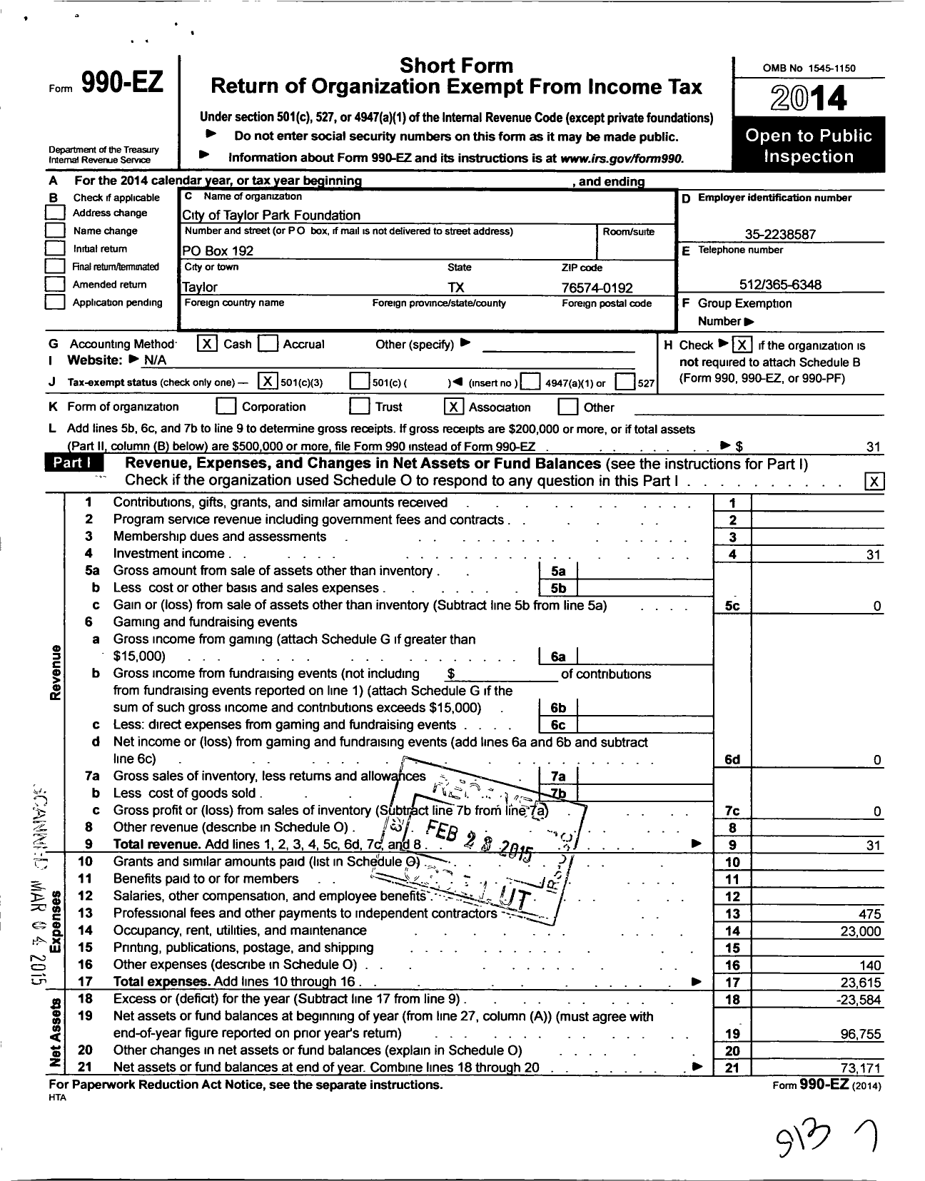 Image of first page of 2014 Form 990EZ for City of Taylor Park Foundtion