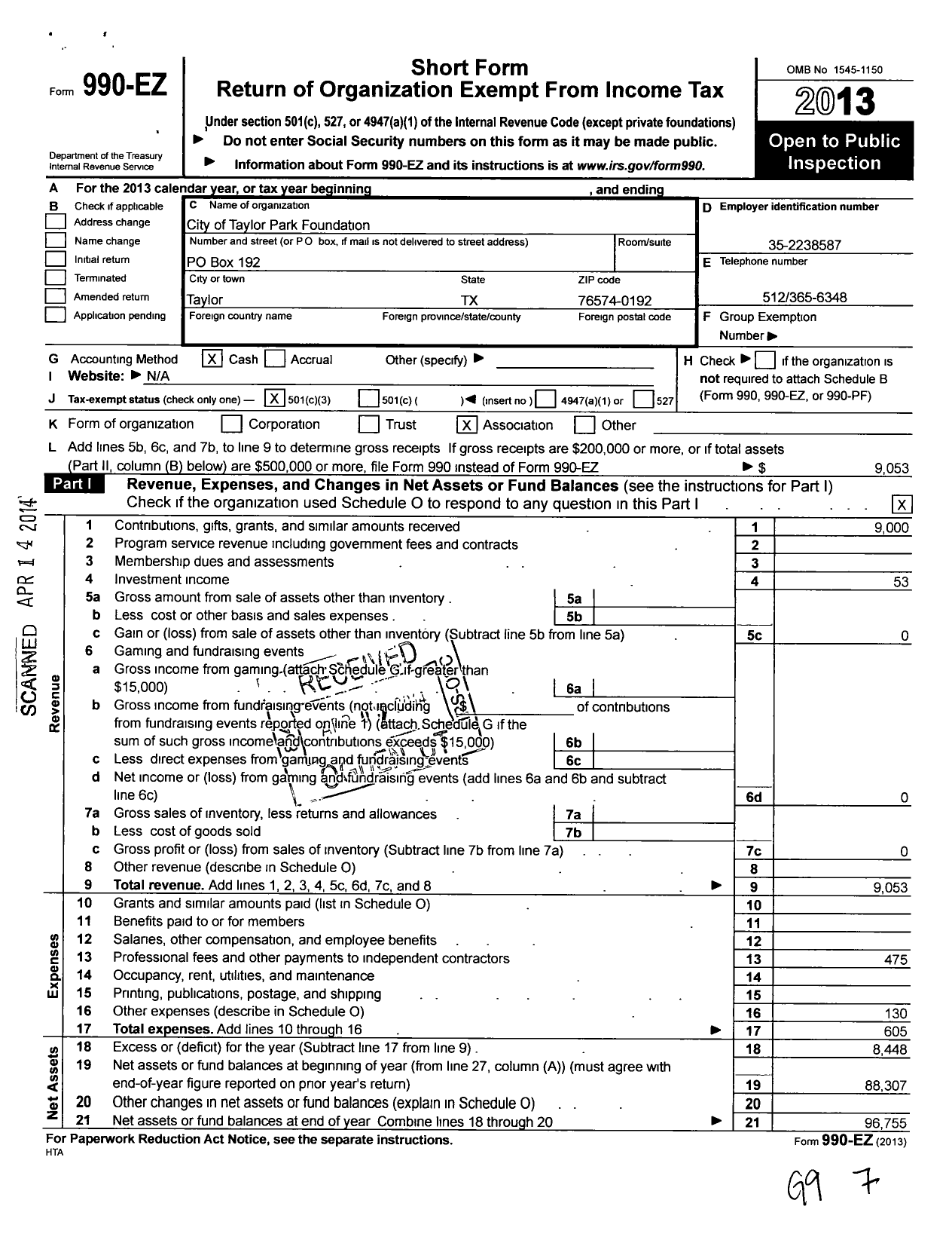 Image of first page of 2013 Form 990EZ for City of Taylor Park Foundtion