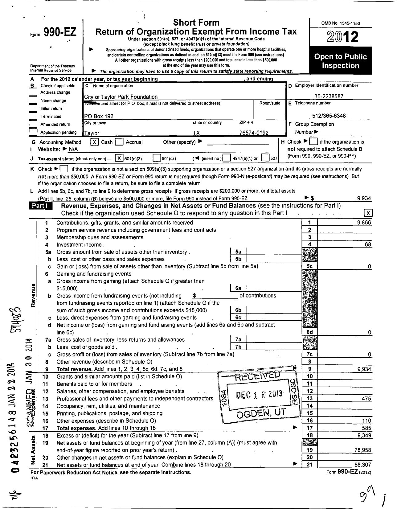 Image of first page of 2012 Form 990EZ for City of Taylor Park Foundtion