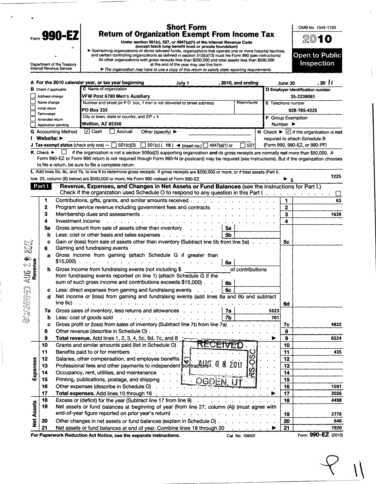 Image of first page of 2010 Form 990EO for Veterans of Foreign Wars of Arizona - 6790 Mens Auxiliary To VFW Post