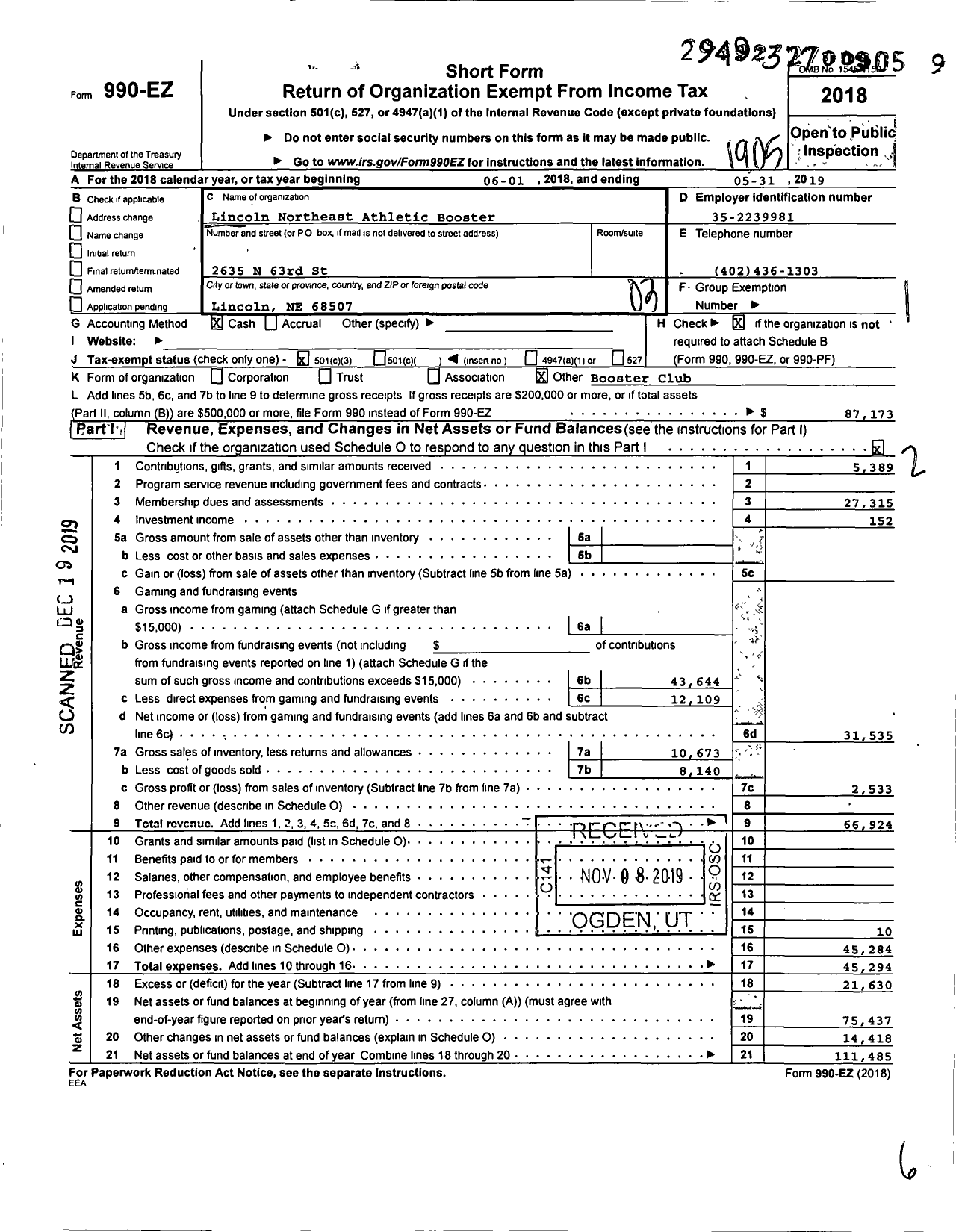 Image of first page of 2018 Form 990EZ for Lincoln Northeast Athletic Boosters