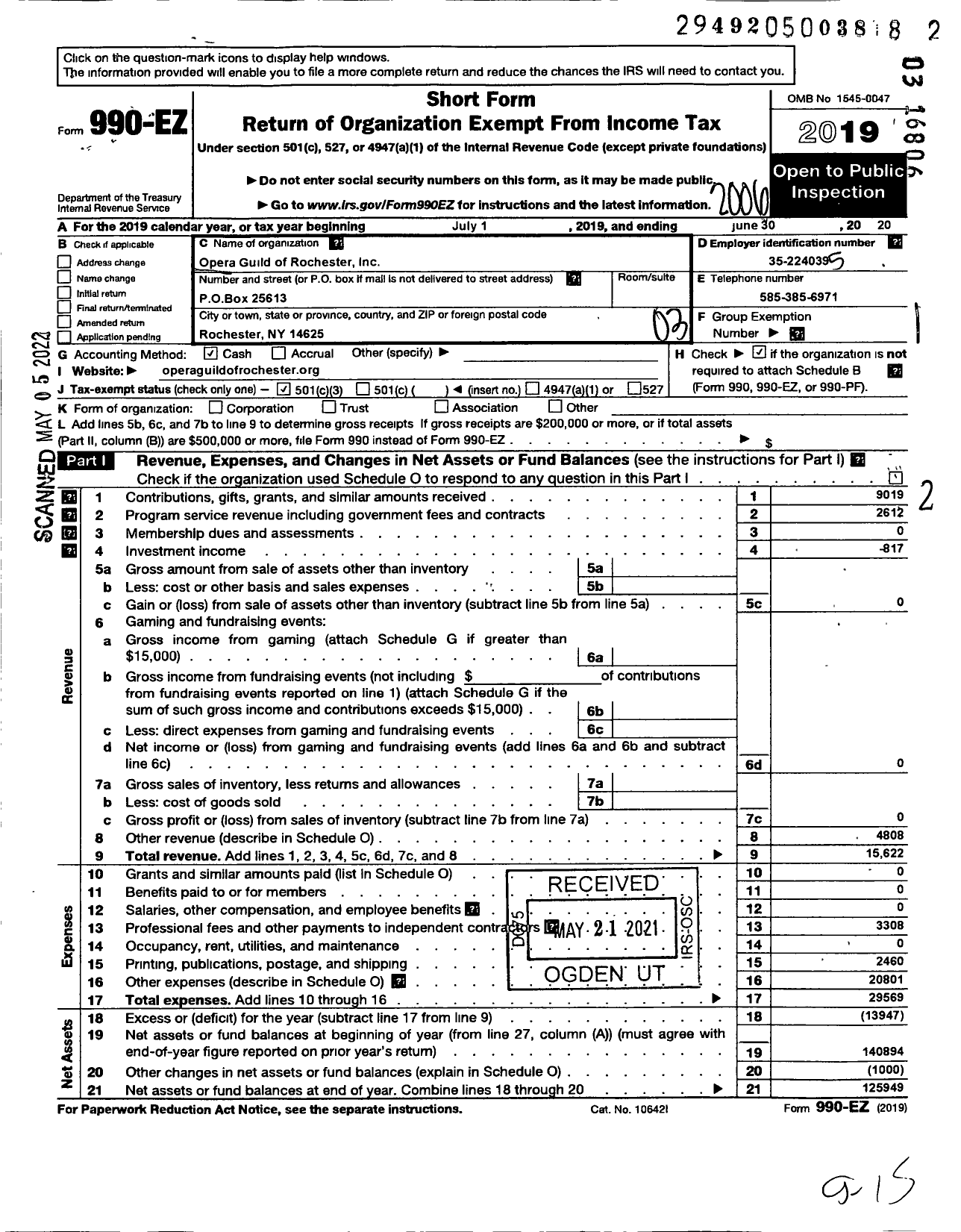 Image of first page of 2019 Form 990EZ for Opera Guild of Rochester