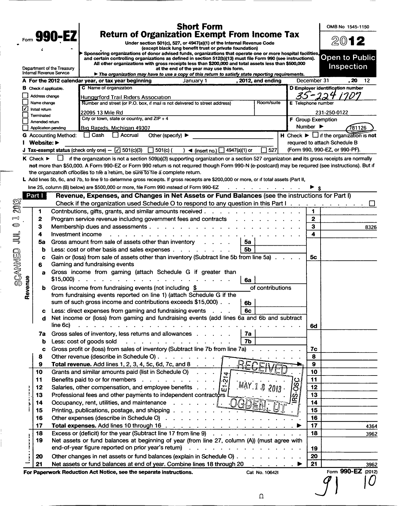 Image of first page of 2012 Form 990EZ for Hungerford Trail Riders Association