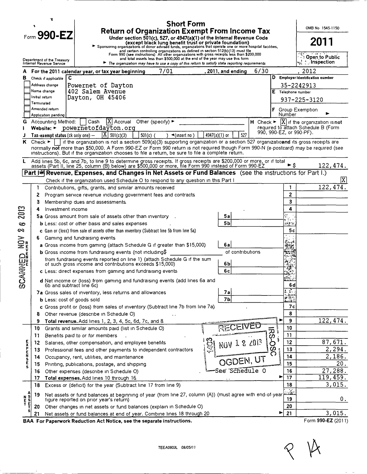 Image of first page of 2011 Form 990EZ for PowerNet of Dayton