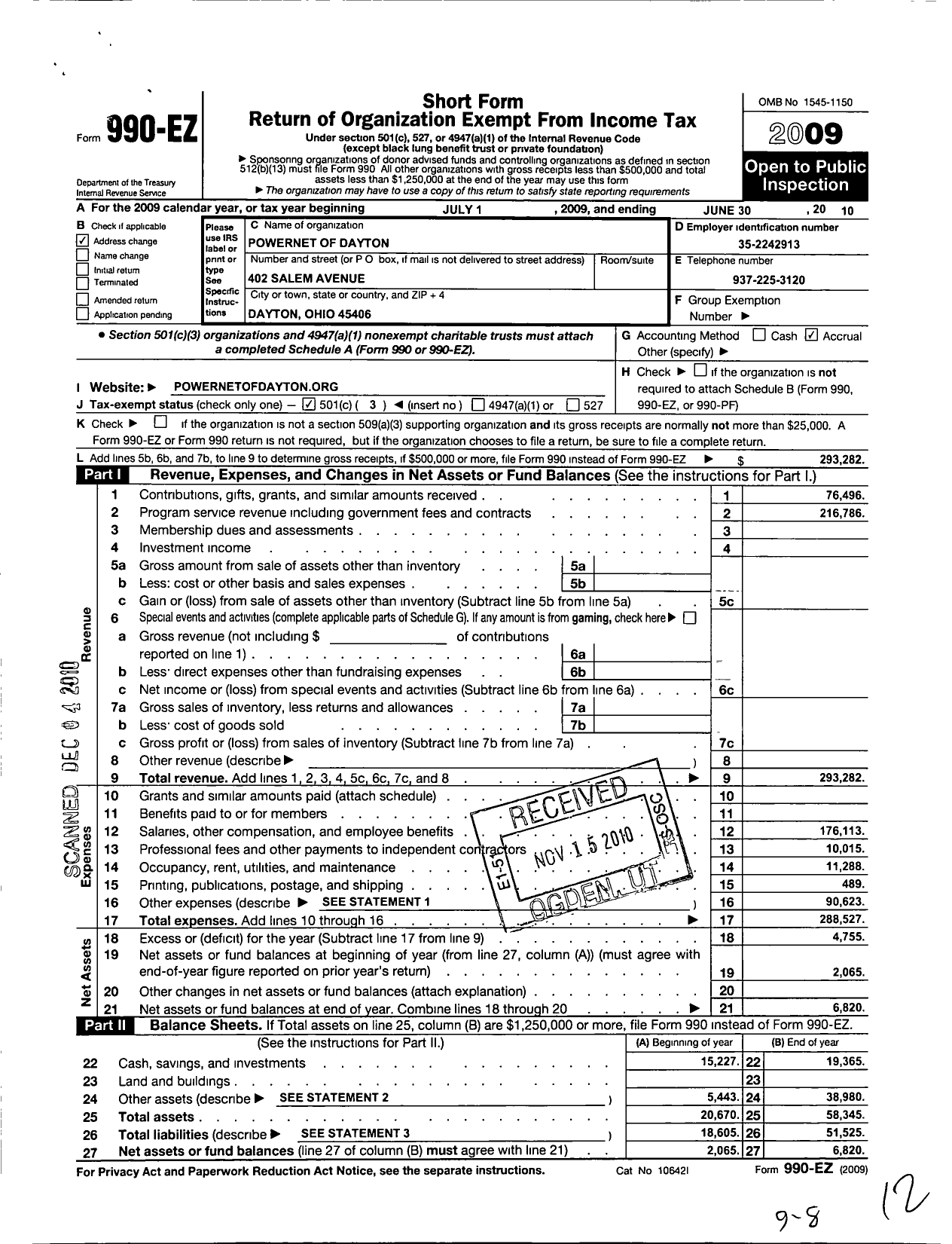 Image of first page of 2009 Form 990EZ for PowerNet of Dayton