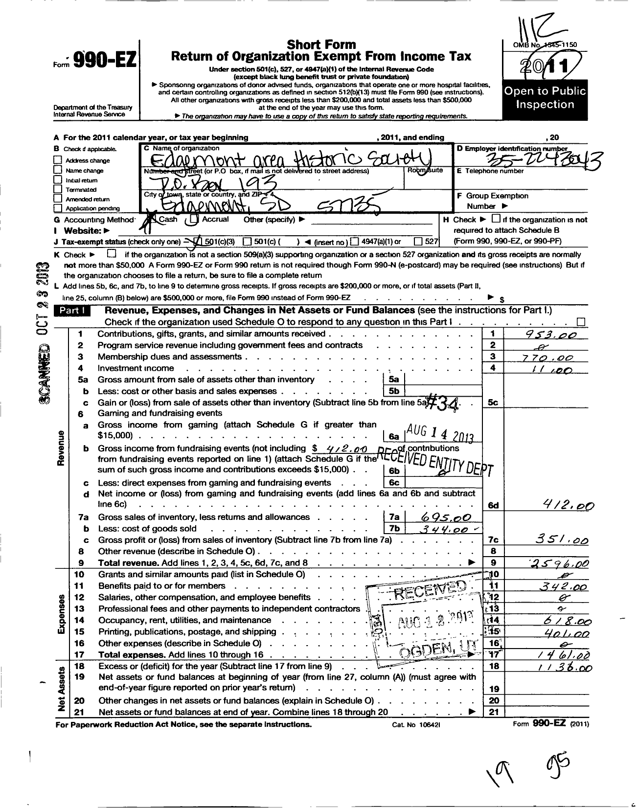 Image of first page of 2011 Form 990EZ for Edgemont Area Historical Society