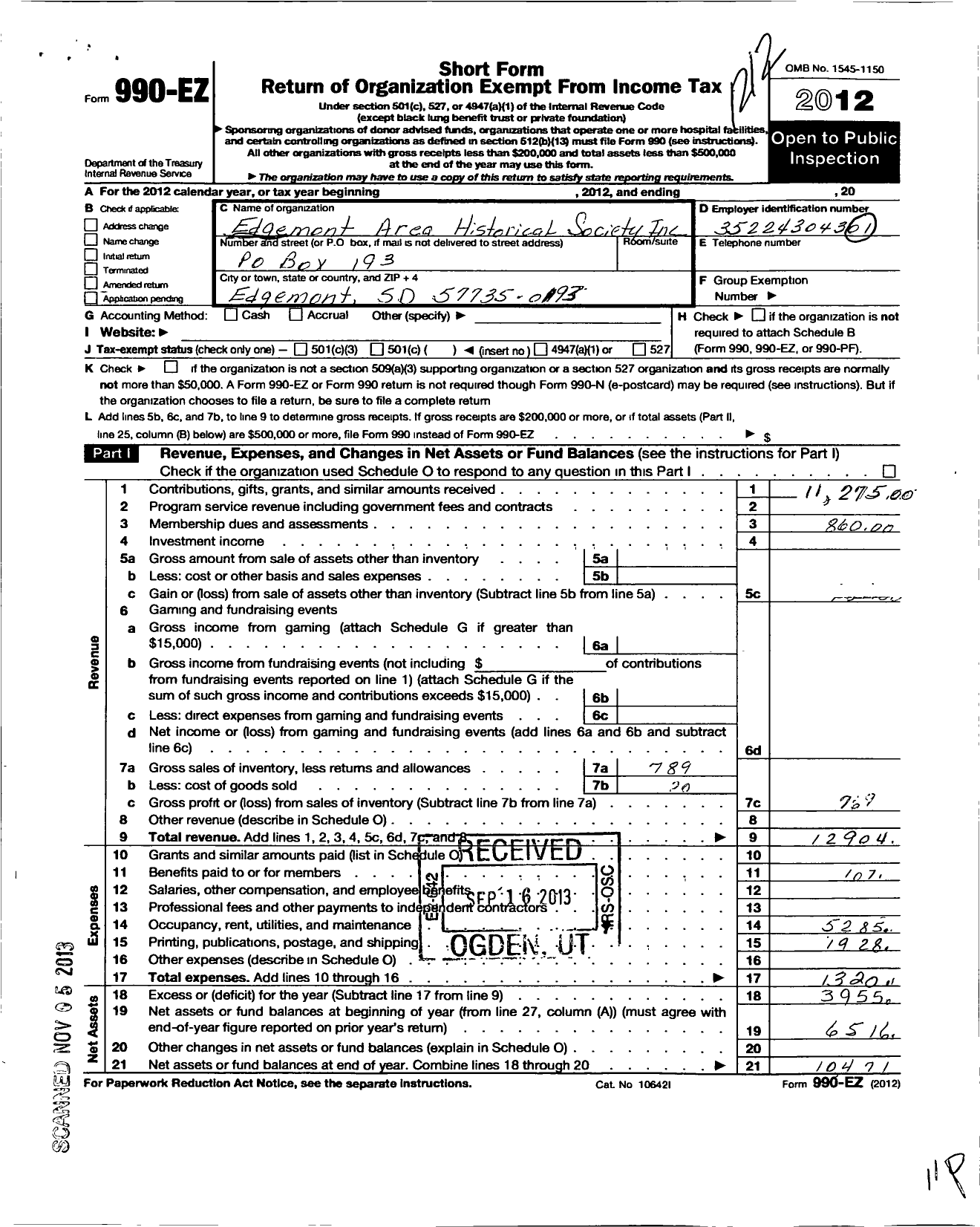 Image of first page of 2012 Form 990EO for Edgemont Area Historical Society