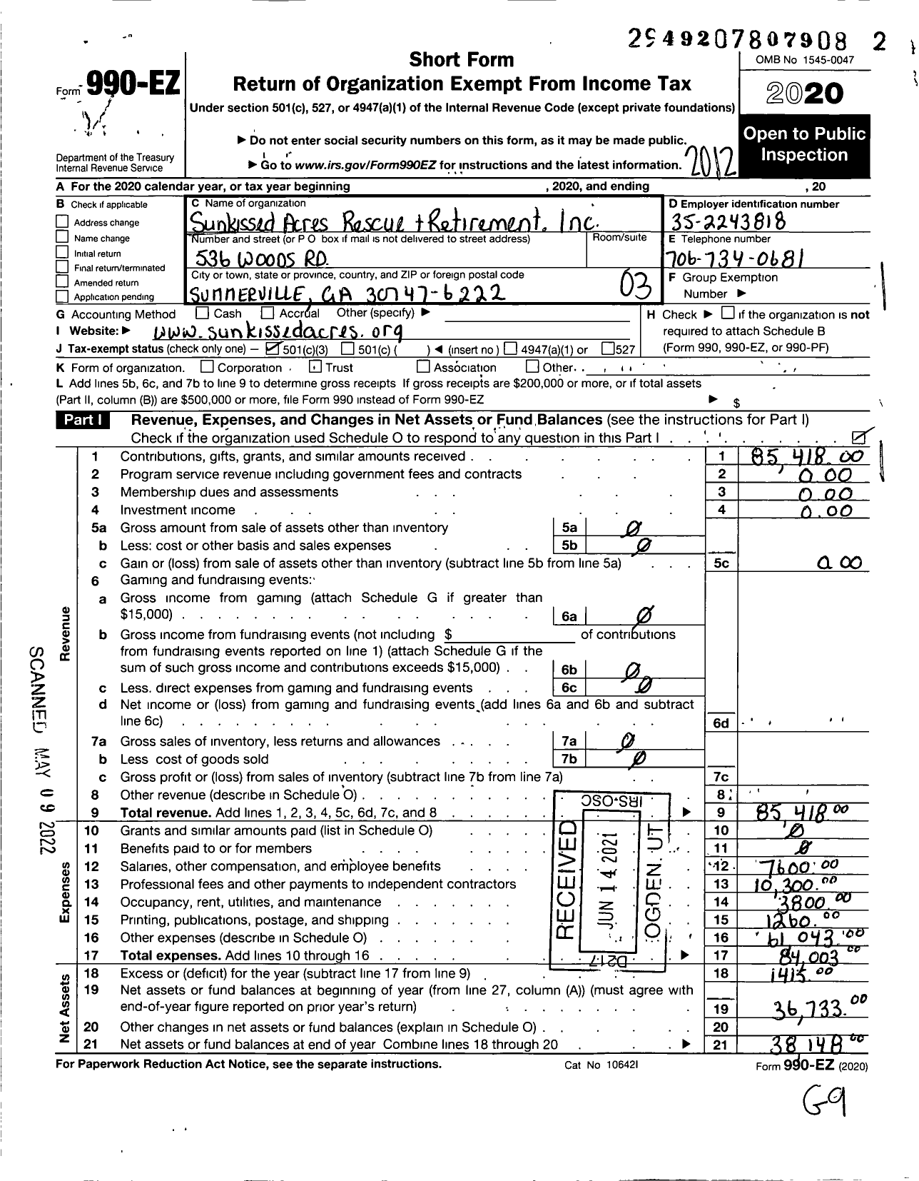 Image of first page of 2020 Form 990EZ for Sunkissed Acres Rescue and Retirement