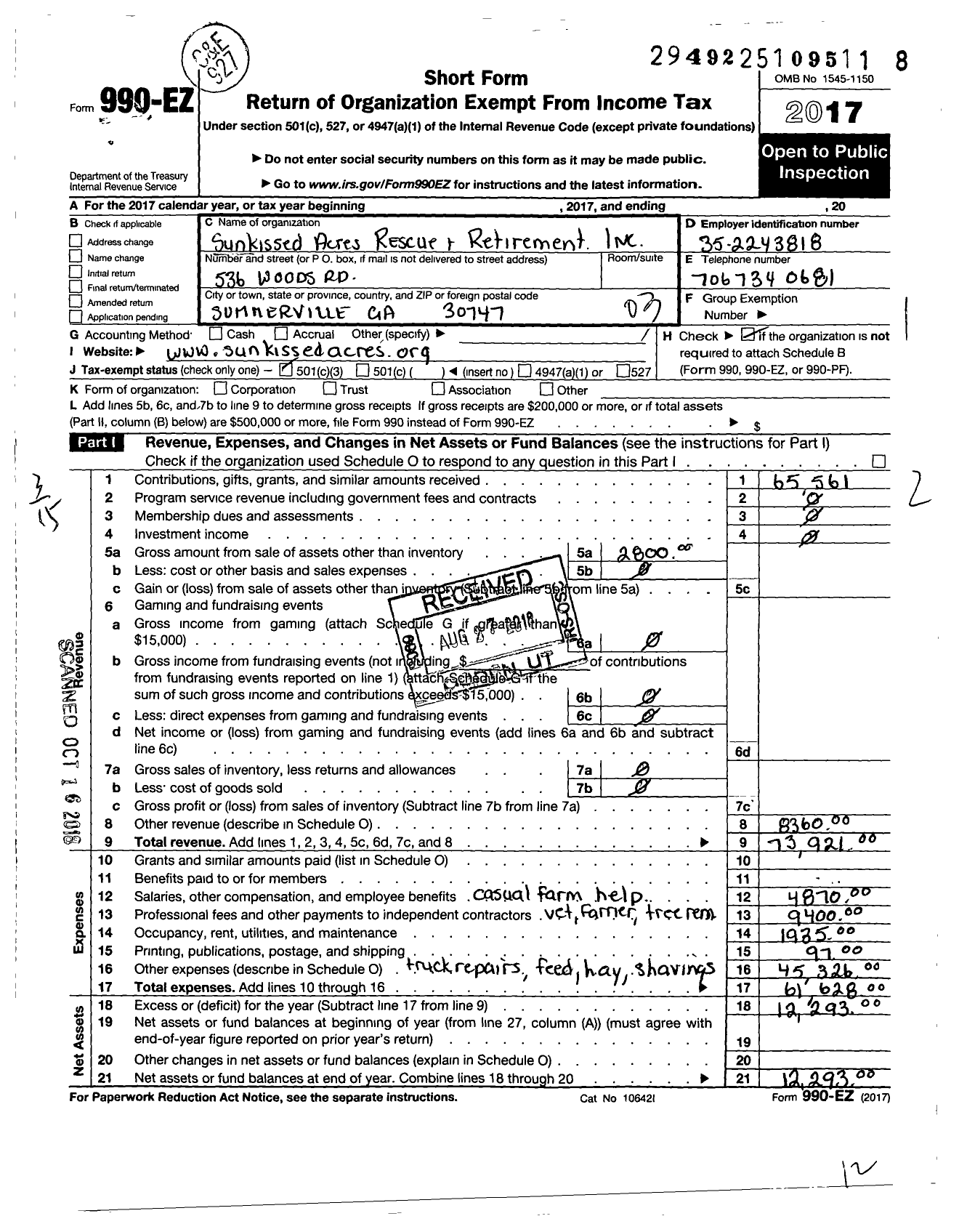 Image of first page of 2017 Form 990EZ for Sunkissed Acres Rescue and Retirement