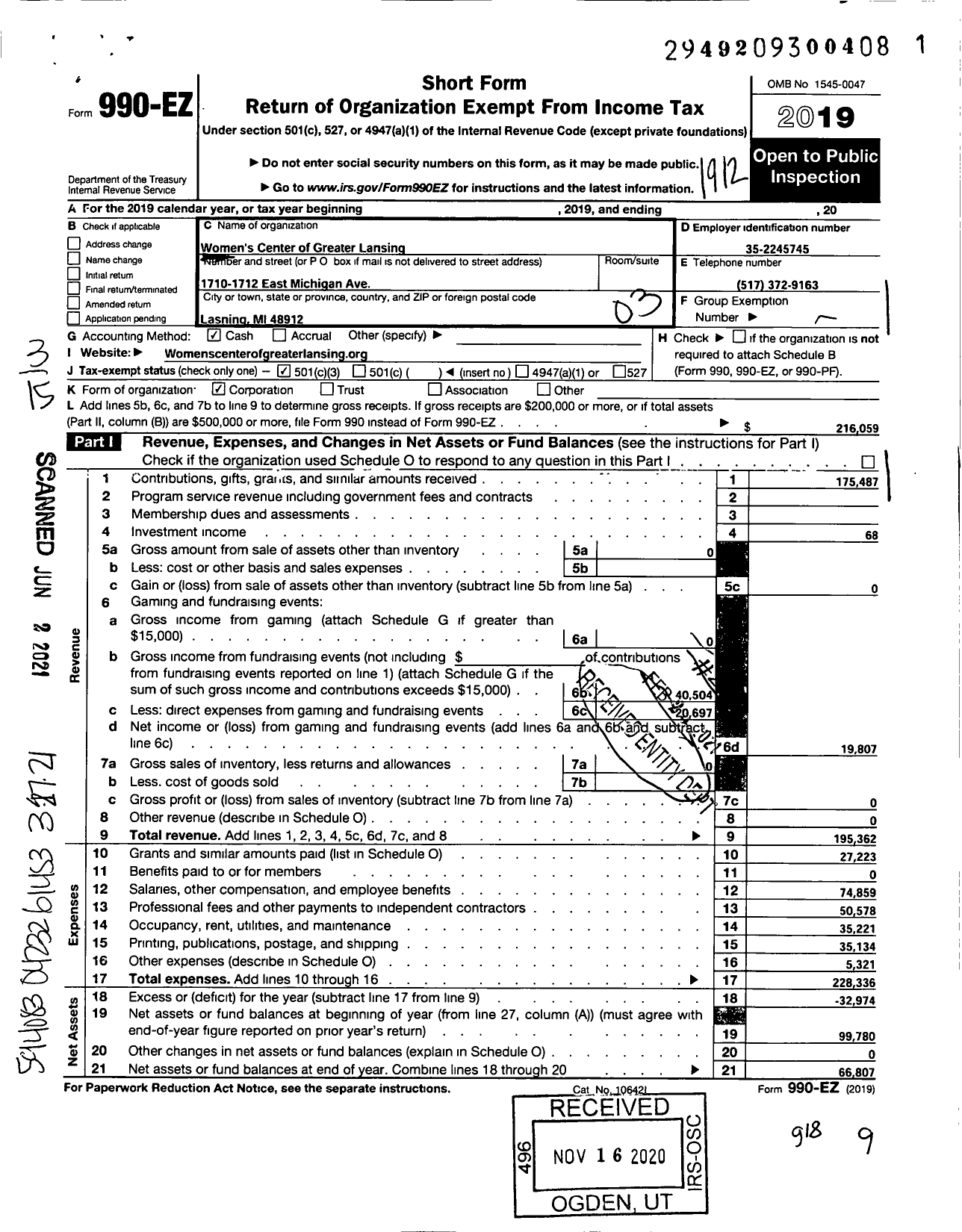 Image of first page of 2019 Form 990EZ for Women's Center of Greater Lansing