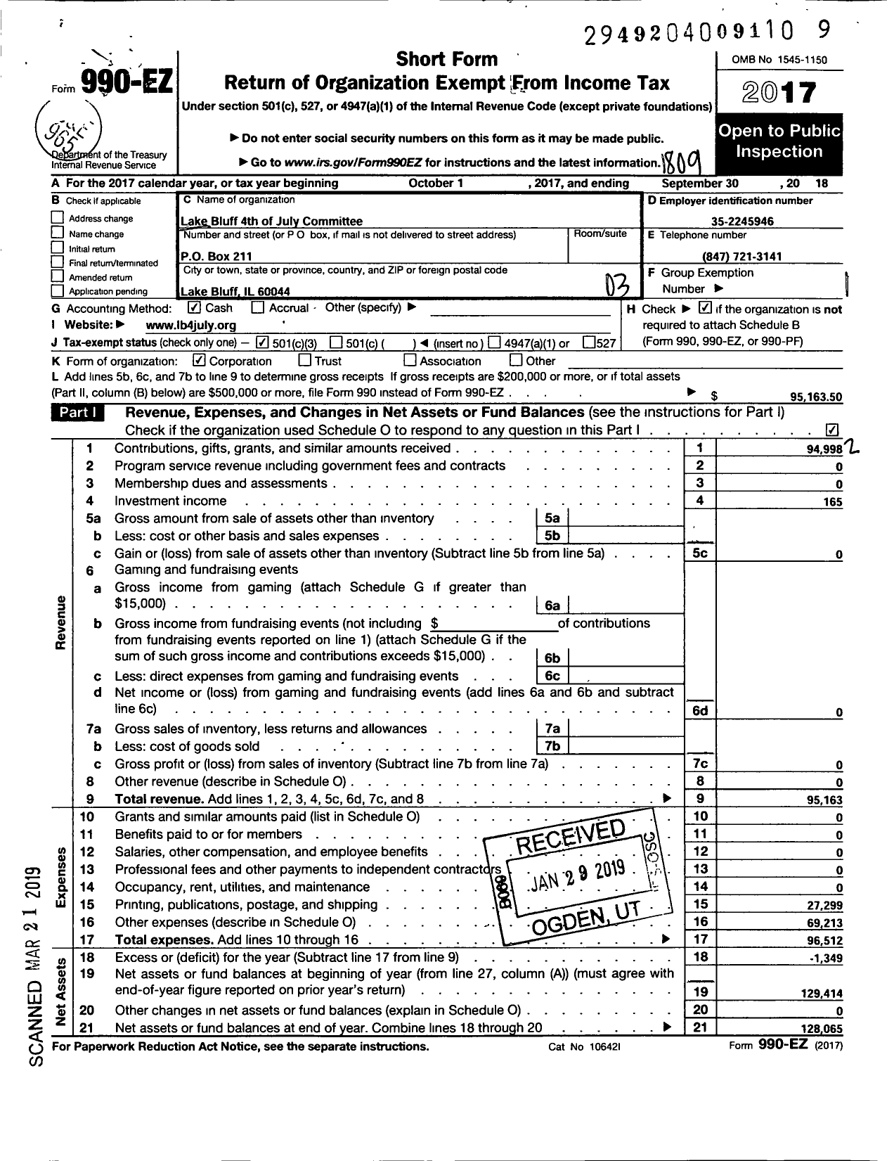 Image of first page of 2017 Form 990EZ for Lake Bluff 4th of July Committee