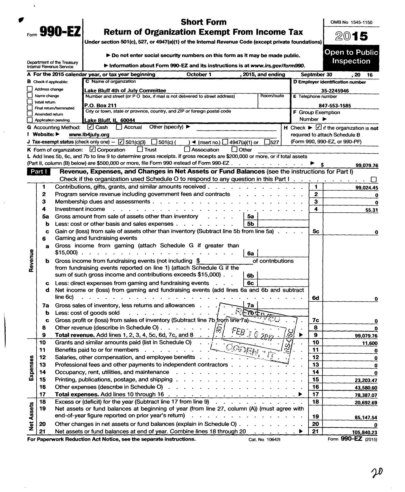 Image of first page of 2015 Form 990EZ for Lake Bluff 4th of July Committee