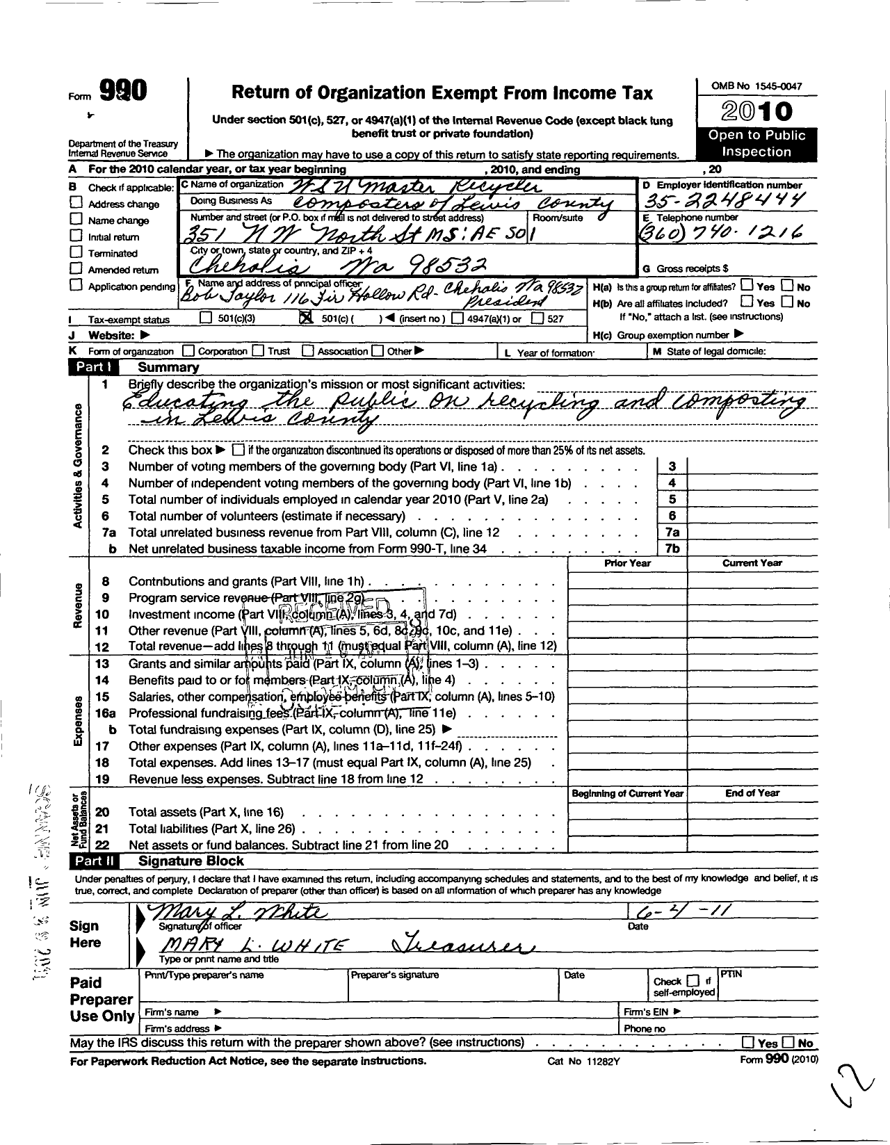 Image of first page of 2010 Form 990O for Wsu Master Recycler Composter of Lewis County