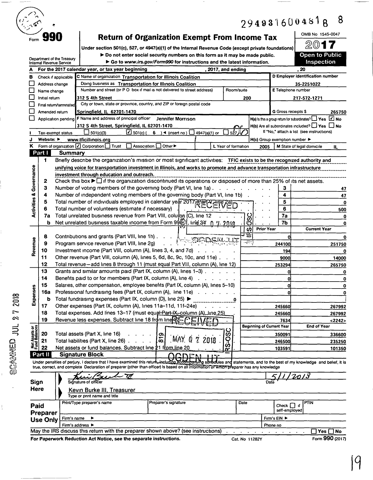 Image of first page of 2017 Form 990O for Transportation for Illinois Coalition