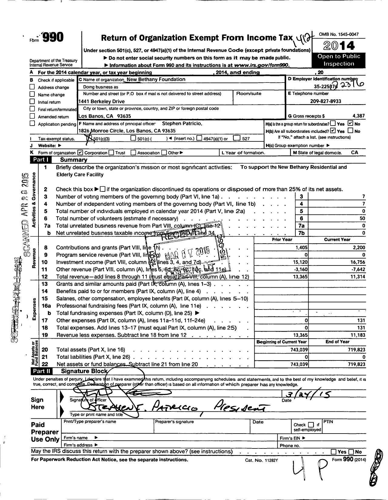 Image of first page of 2014 Form 990 for New Bethany Foundation