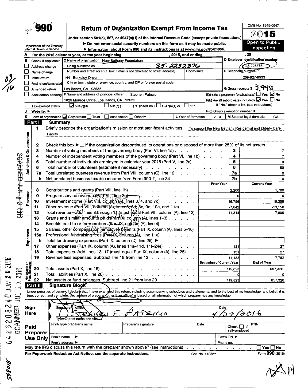 Image of first page of 2015 Form 990 for New Bethany Foundation