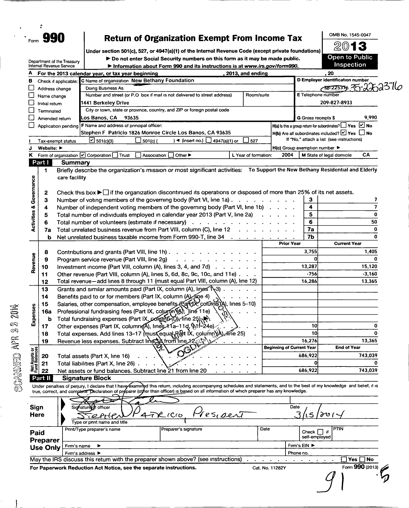 Image of first page of 2013 Form 990 for New Bethany Foundation