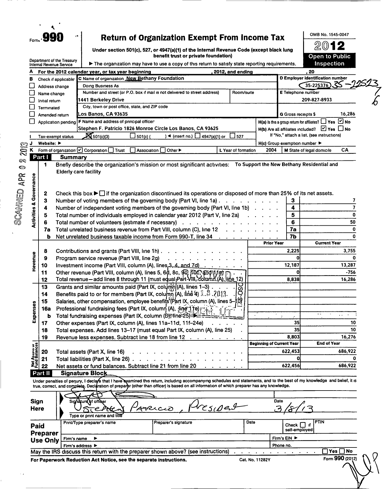 Image of first page of 2012 Form 990 for New Bethany Foundation