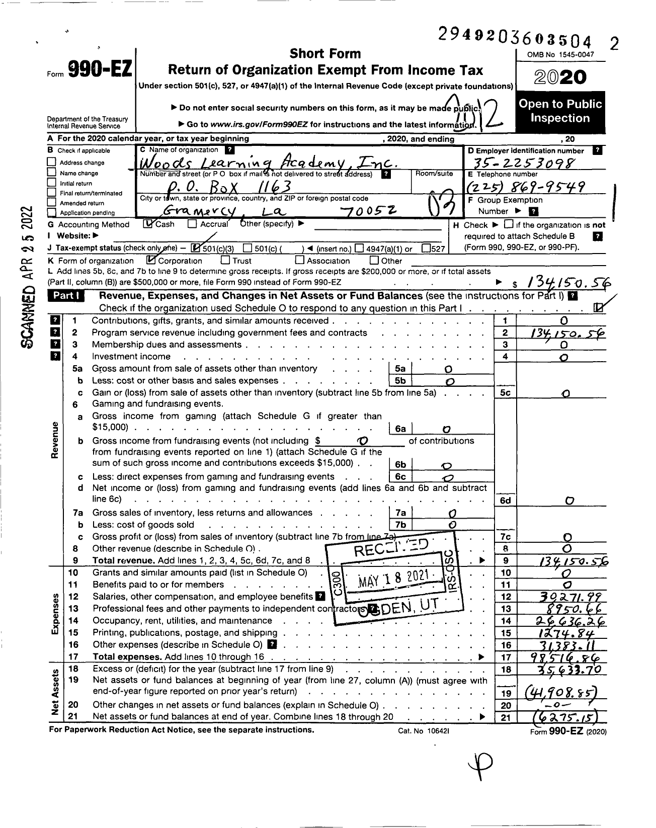 Image of first page of 2020 Form 990EZ for Woods Learning Academy