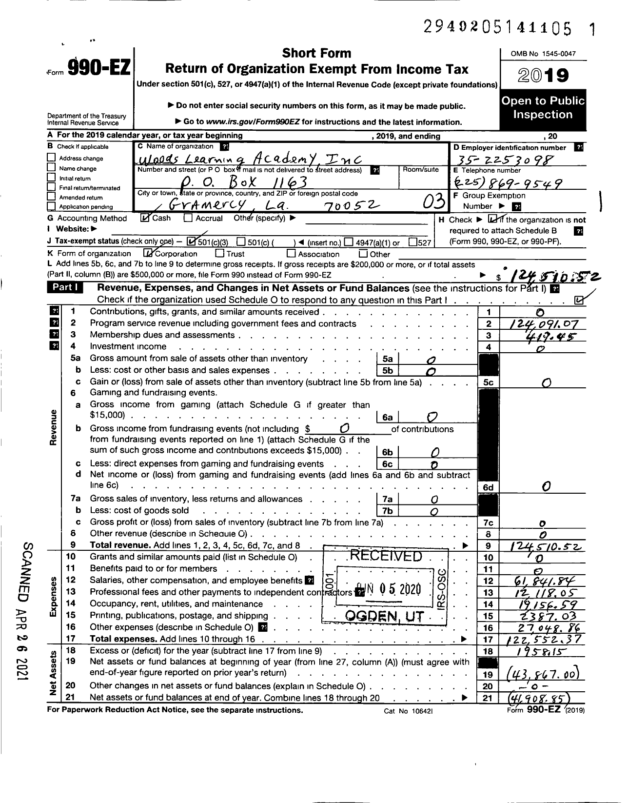 Image of first page of 2019 Form 990EZ for Woods Learning Academy