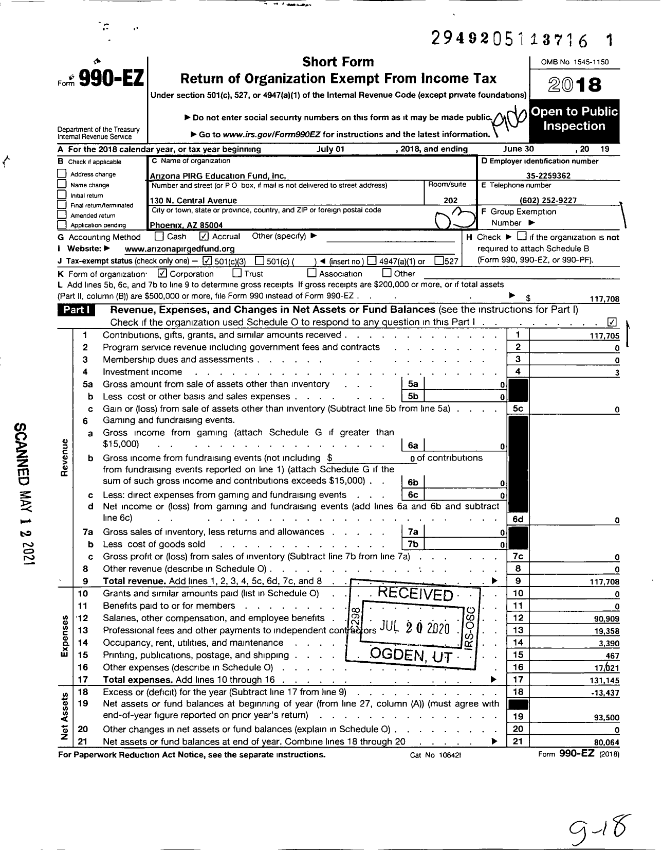Image of first page of 2018 Form 990EZ for Arizona Pirg Education Fund
