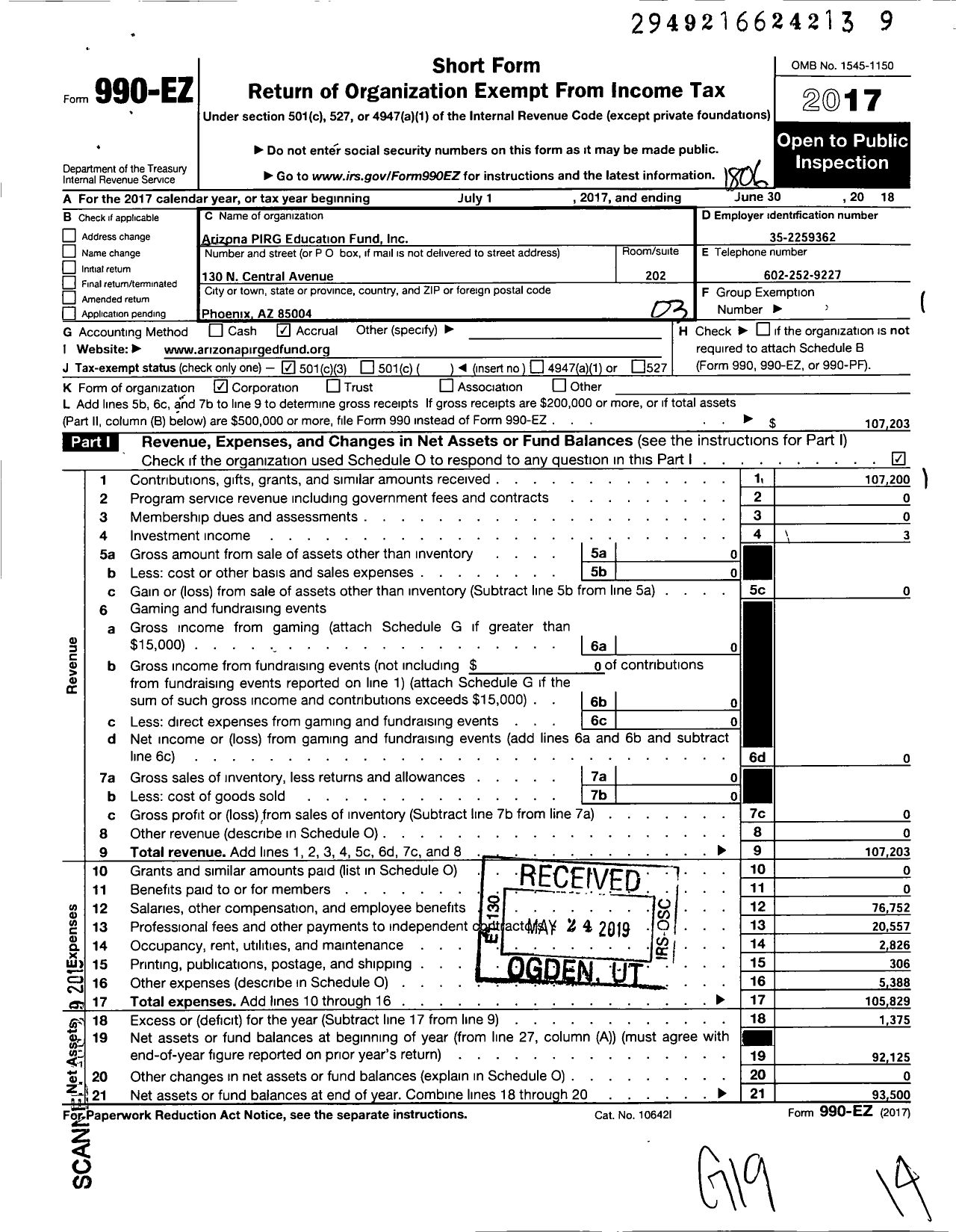 Image of first page of 2017 Form 990EZ for Arizona Pirg Education Fund