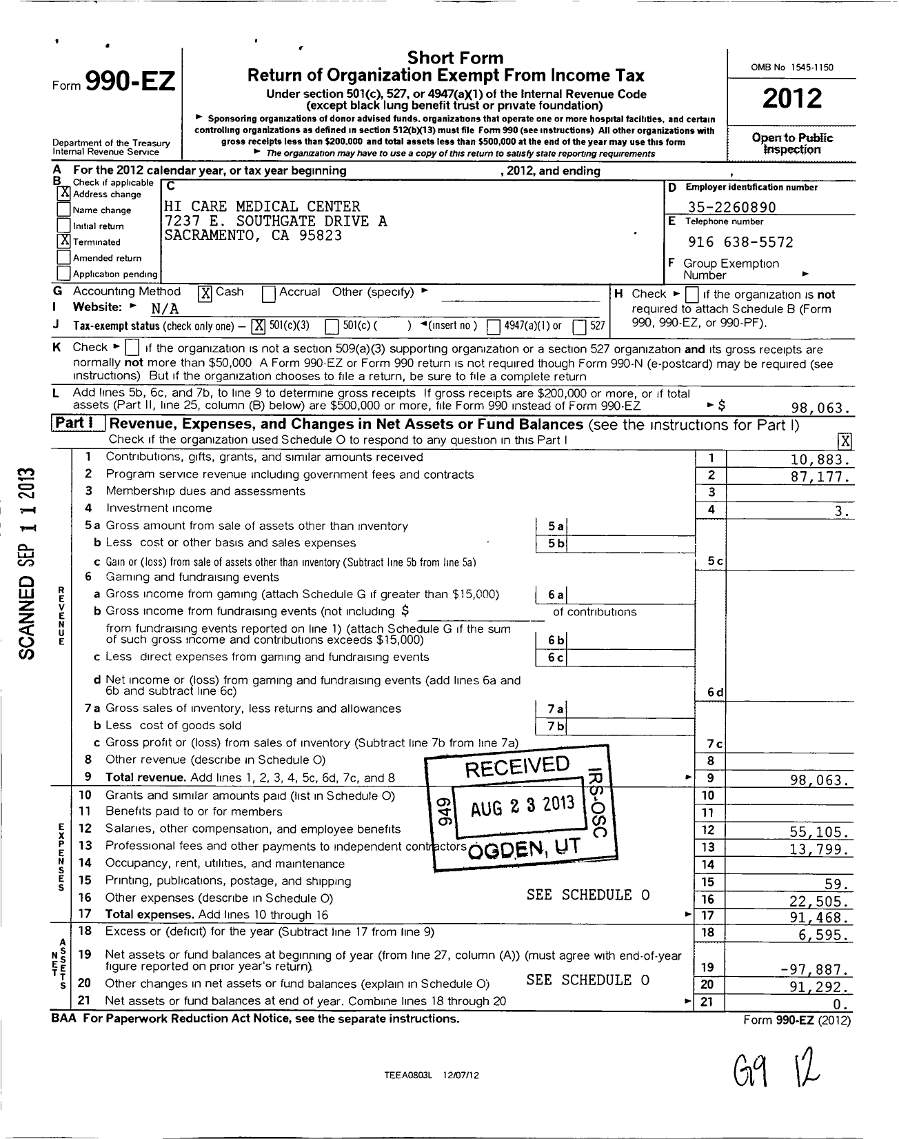 Image of first page of 2012 Form 990EZ for Hi Care Medical Center