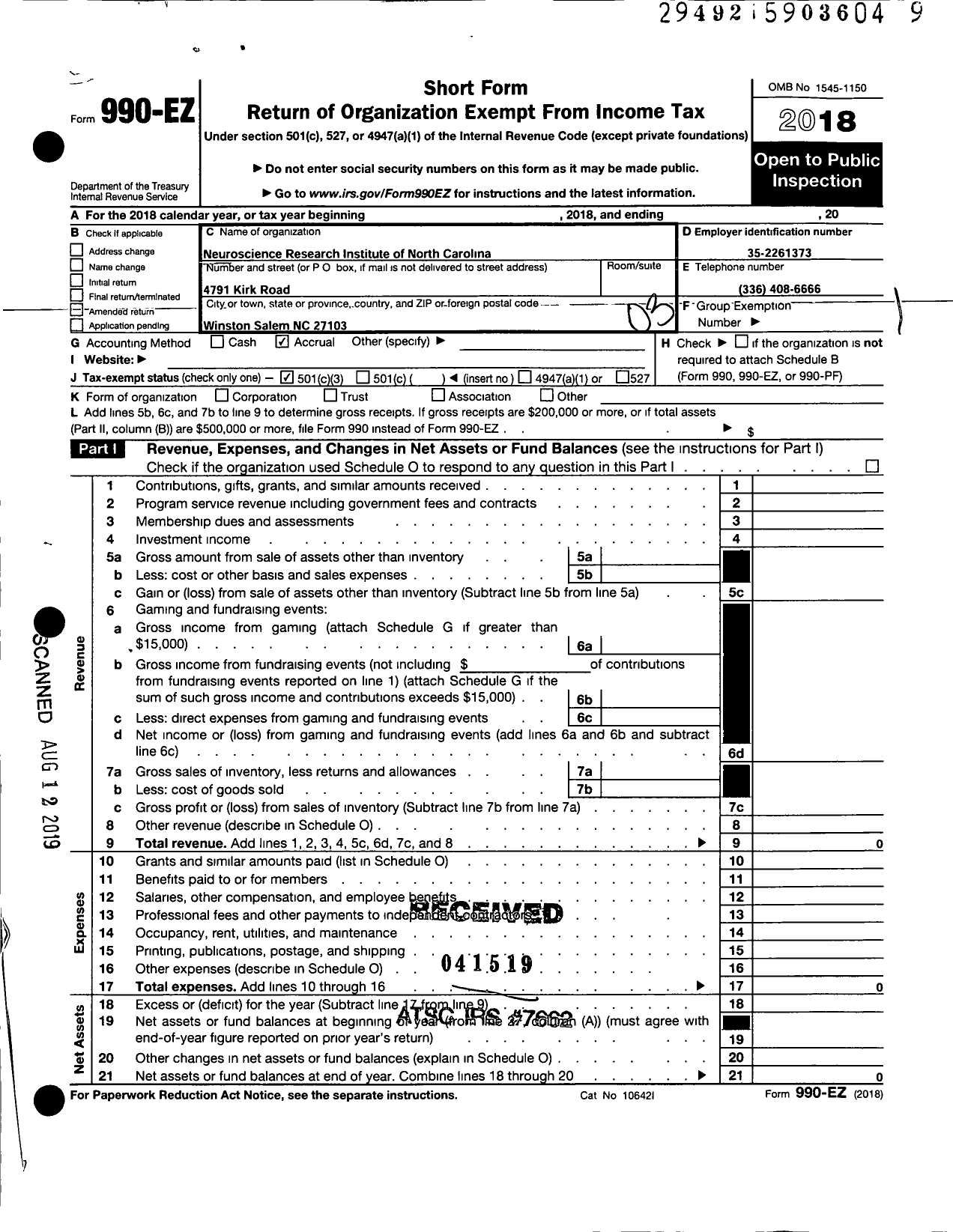 Image of first page of 2018 Form 990EZ for Neuroscience Research Institute of North Carolina